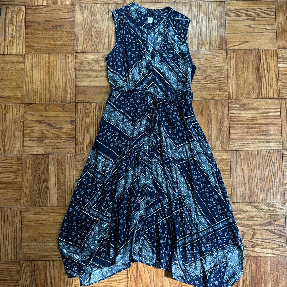 GAP Navy and White Bandana Pattern Button Down Tie Waist Sleeveless Shirt Dress